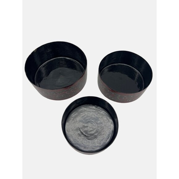 3 Handcrafted Round Lacquerware Nesting Storage Boxes Red & Black Patterns - Picture 6 of 7